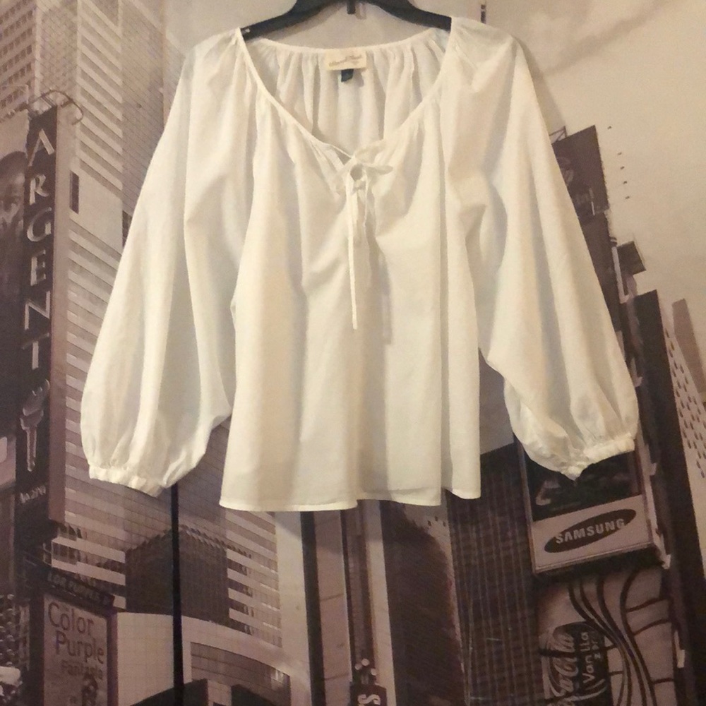 Universal Thread White Puff Sleeve Blouse with Tie Front (100 % Cotton)